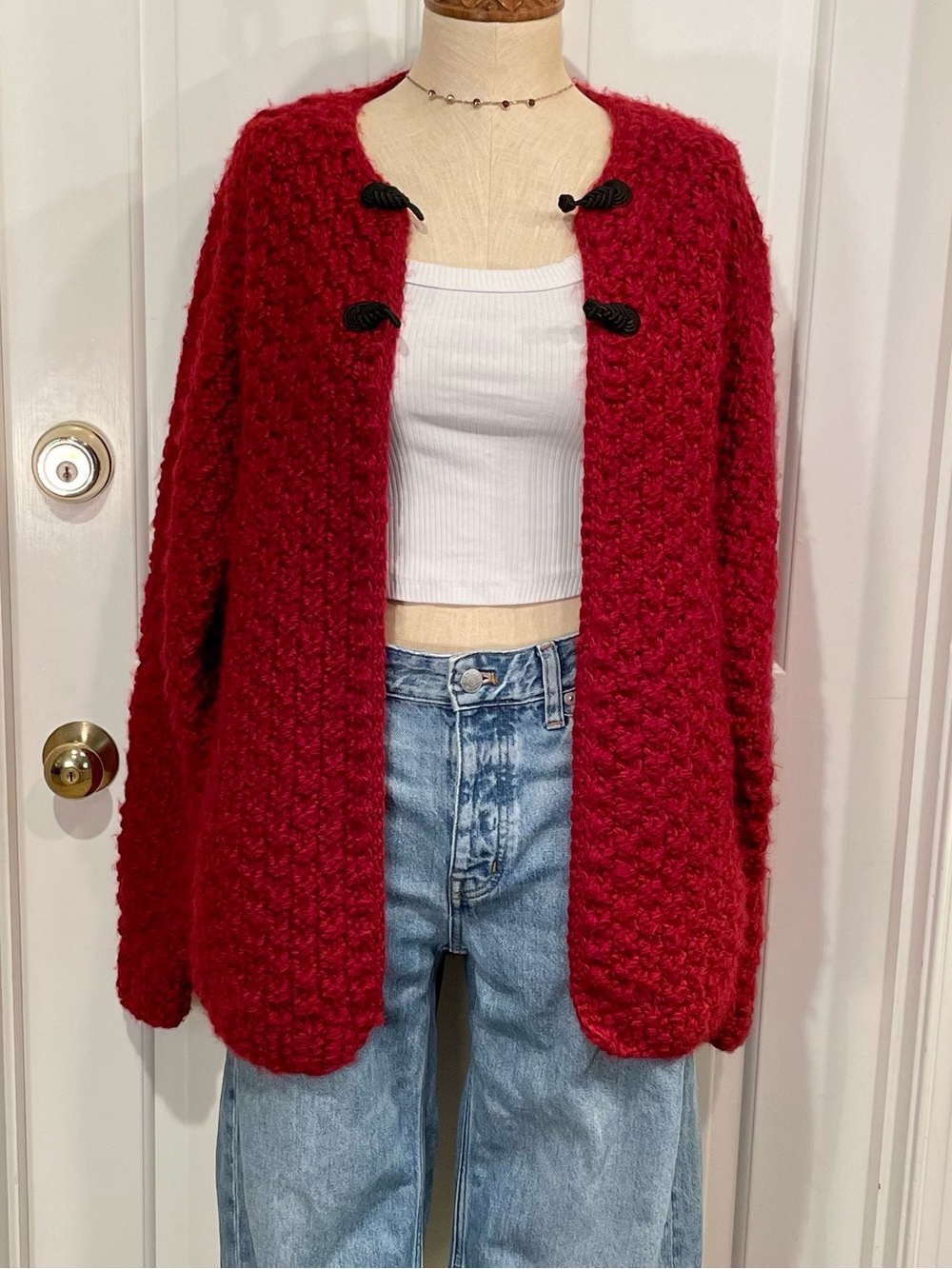Hand knit Red Sweater Cardigan